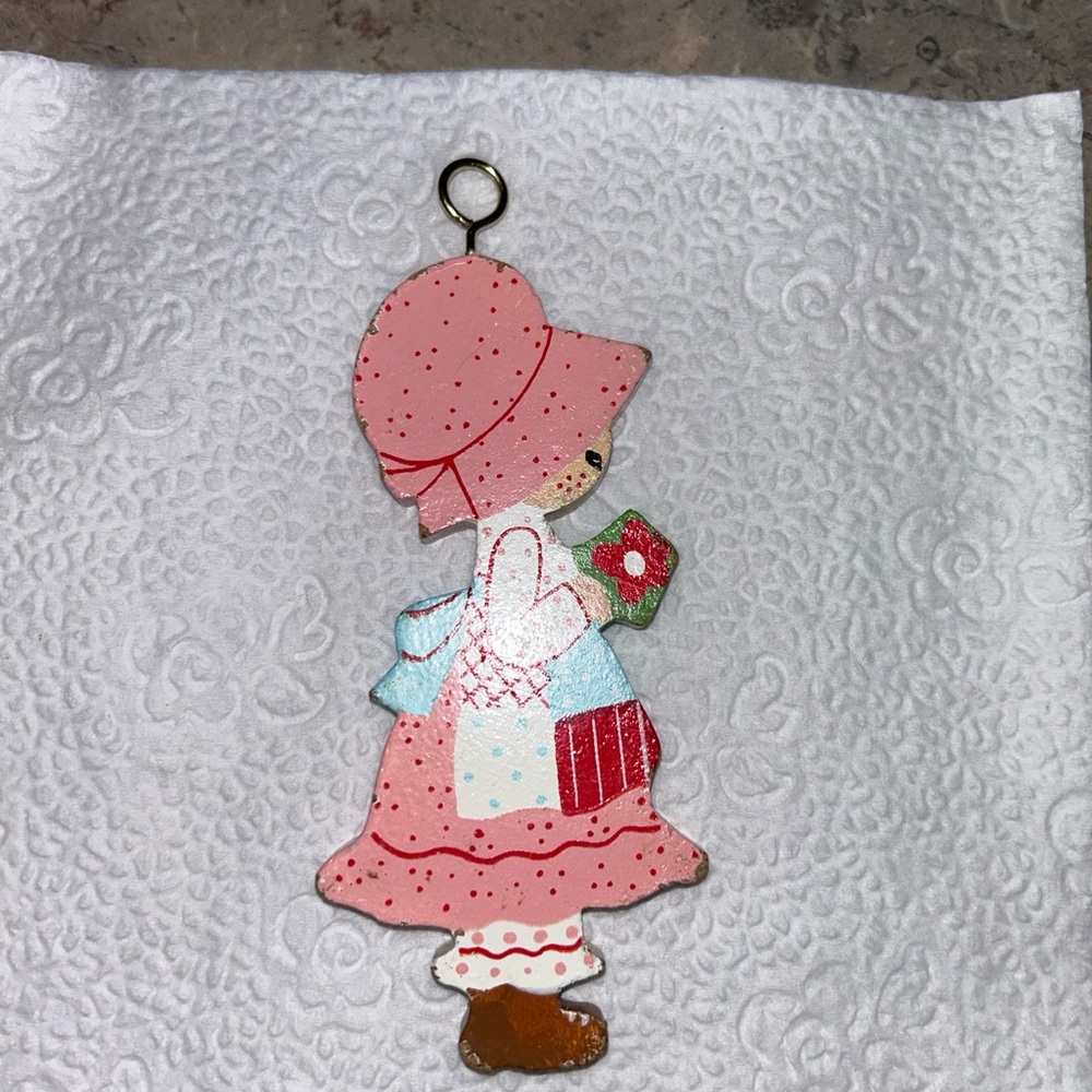 Vintage Holly Hobbie Wooden Christmas Doll/Hand Painted Ornament Pink Patchwork